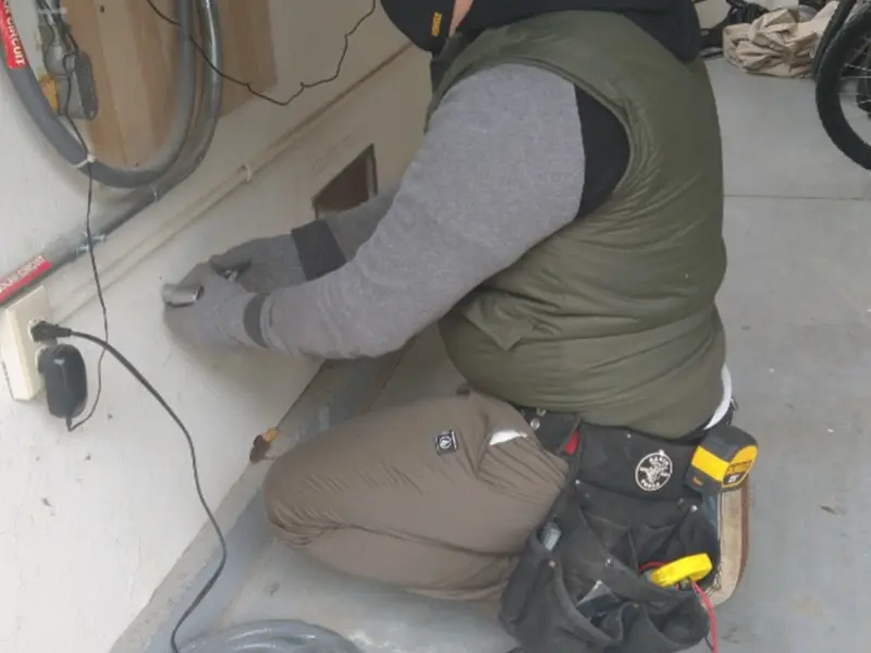 Electrician performing outlet wiring in a Wormleysburg garage